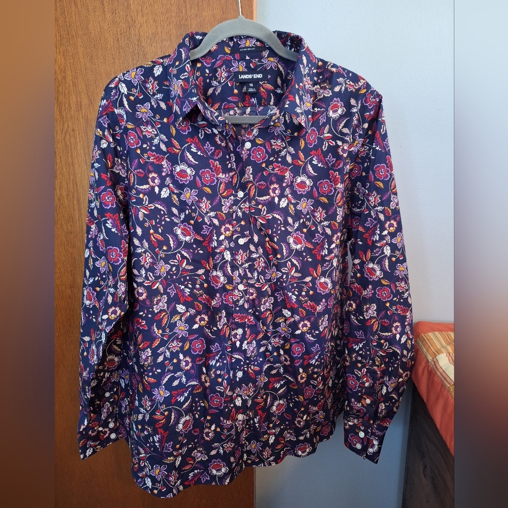 Lands' End Women's Navy Floral Button-Down Blouse with Yellow Accents Size 18